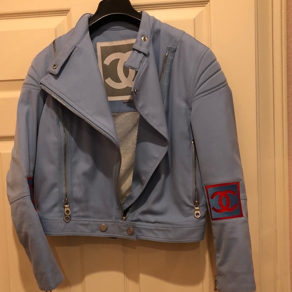 Authentic Chanel Moto Jacket Powder Blue Size 40 - Picture 2 of 8